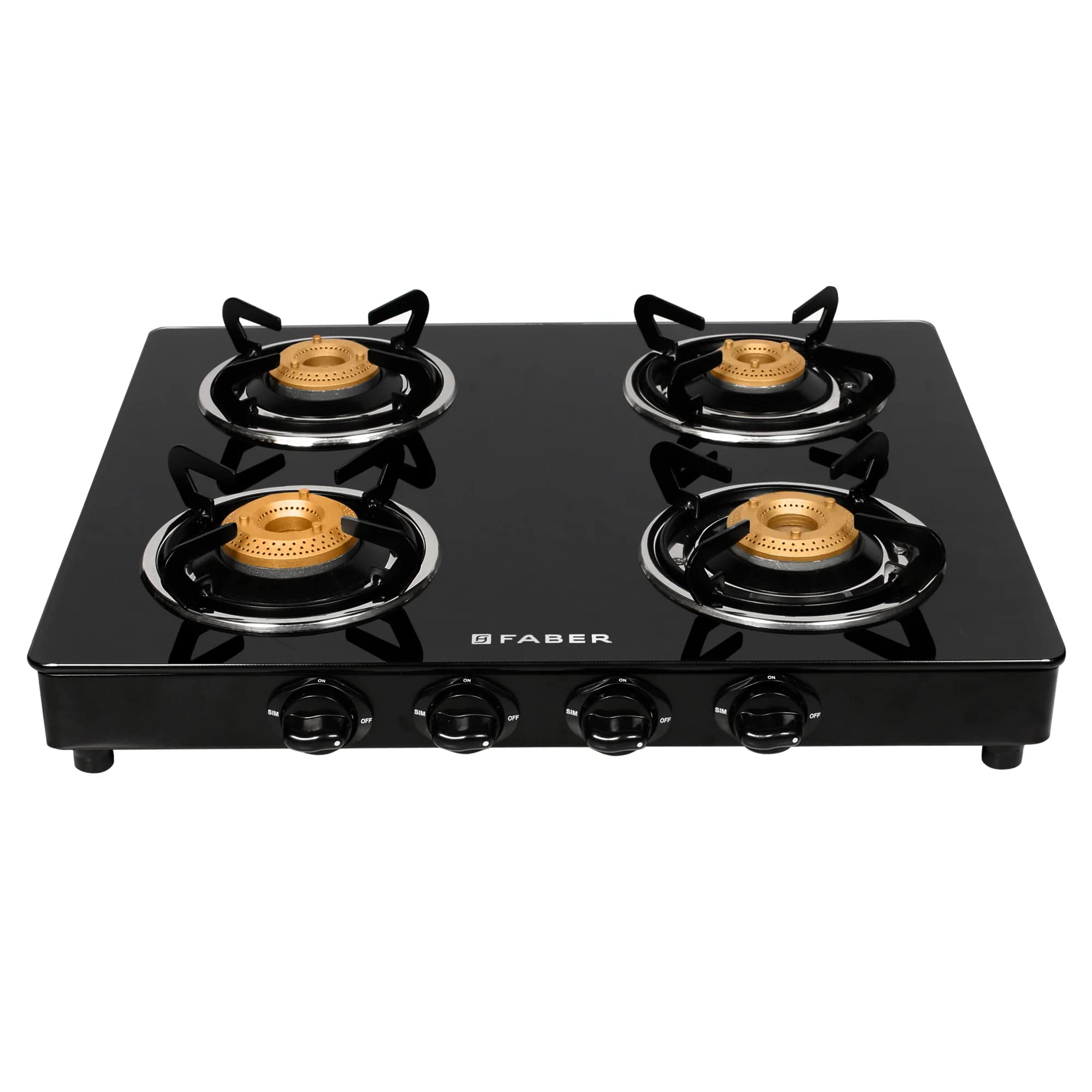 Faber Glass Top 4 Burner Gas Stove with Powder Coated Pan Support (Hob Cooktop Daisy 4BB BK),2 Medium & 2 Small,Manual Ignition, Black