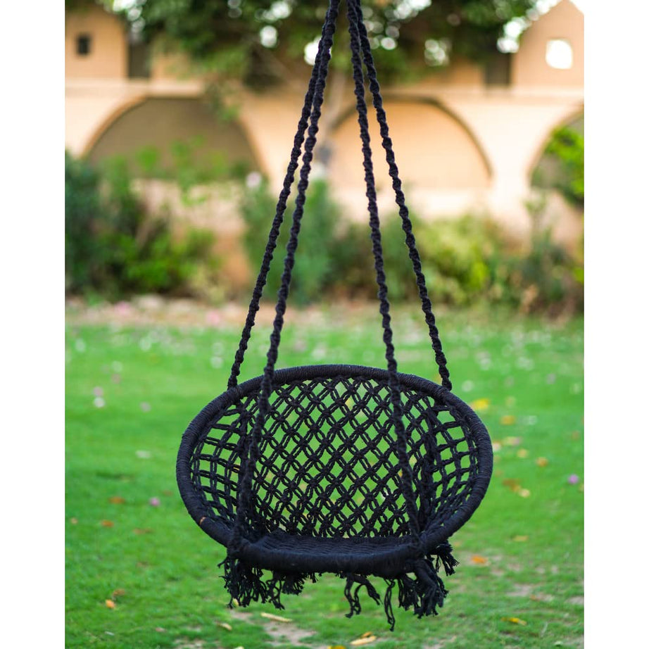 Patiofy Swing For Adults/Jhula For Adults/Wooden Swing For Living Room/Swing For Balcony/Swing Chair/Swing For Adults For Home/Cotton Round Hammock Hanging Swing(Black),45 Cm,66 Cm,20 Cm