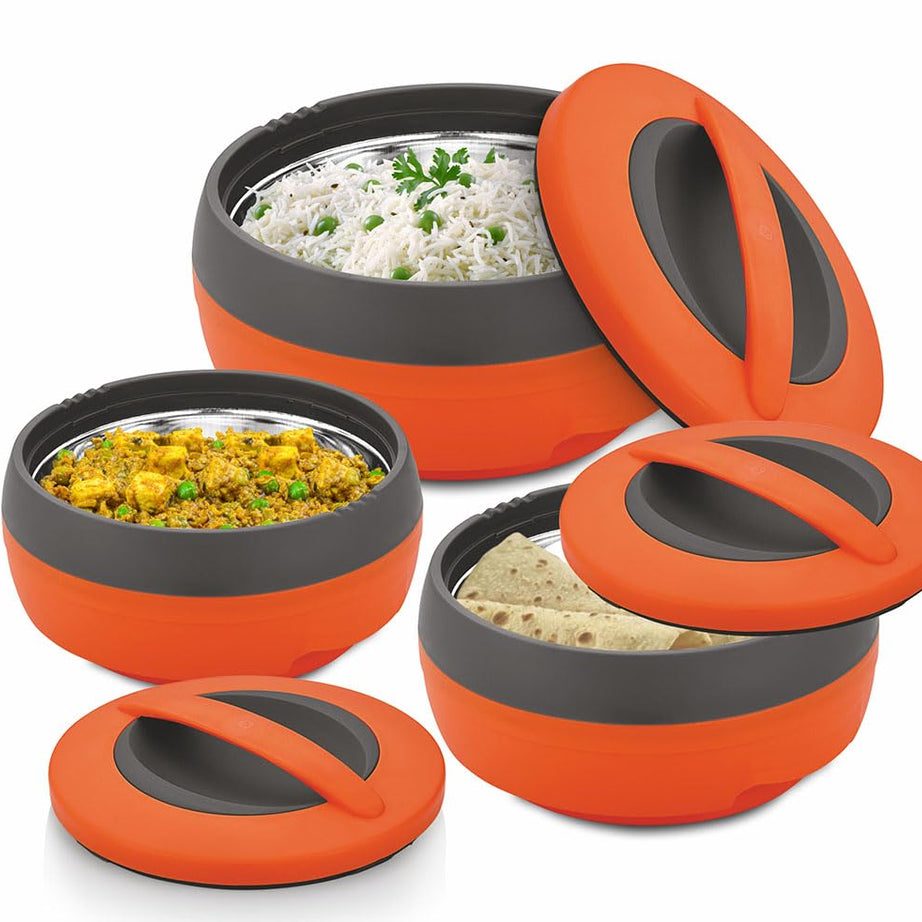 ASIAN Inner Steel Casserole (600 ml, 1000 ml, 1500 ml) Gift Set of 3,| PU Insulated | BPA free | Food Grade | Easy to Carry | Easy to Store | Ideal for Chapatti | Roti | Serving Casserole Orange.