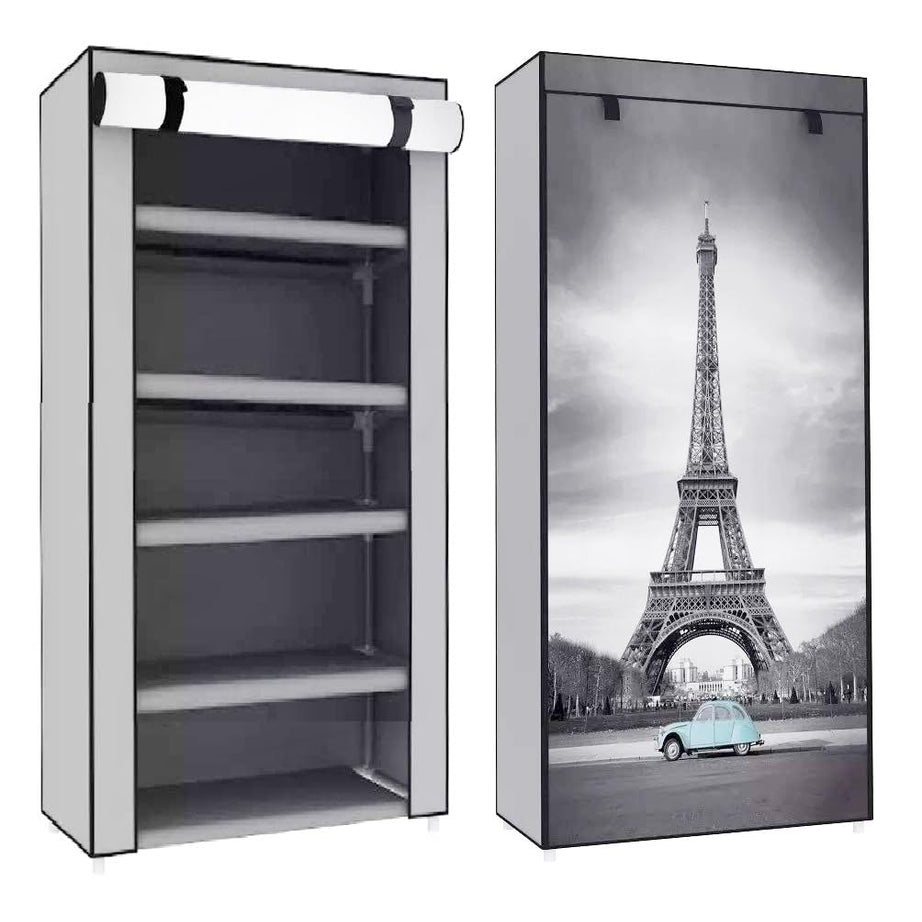 EXPOSURE 5 Layer Multipurpose Eiffel Tower Print Metal Pipes Non Woven Cover and Shelf with Single Connector Collapsible Wardrobe (Light Grey)