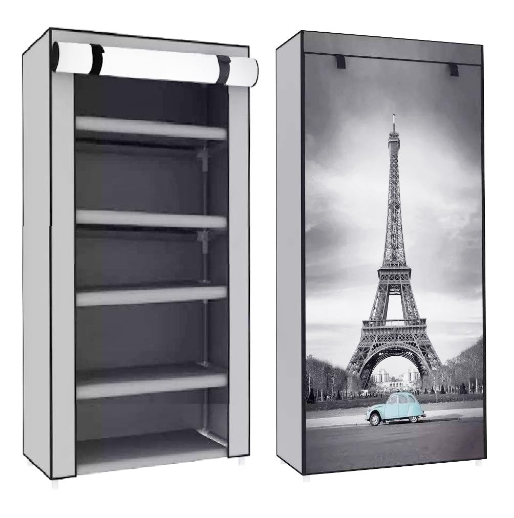 EXPOSURE 5 Layer Multipurpose Eiffel Tower Print Metal Pipes Non Woven Cover and Shelf with Single Connector Collapsible Wardrobe (Light Grey)