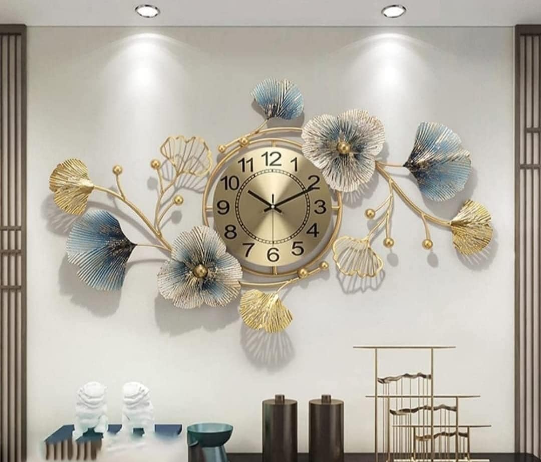 FUNTEREST Luxury Metal Analog Wall Clock-Floral Design for Home Decor & Wall Decoration Items for Living Dining Bedroom Office Entryway Cafe & Hotels (36X12 Inch Multicolor)