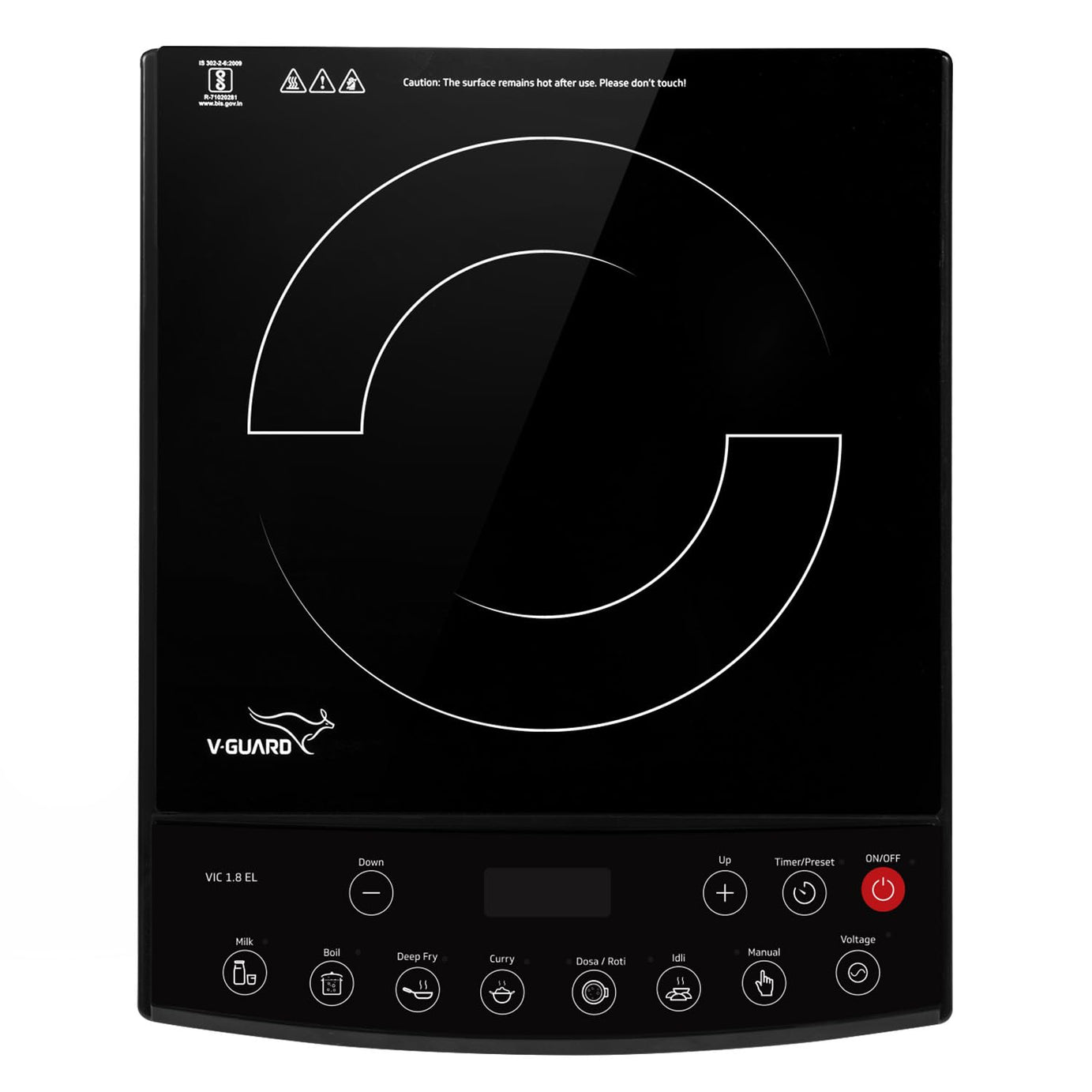 V-Guard VIC 1.8 EL Induction Cooktop / 1800 Watt Electric Induction stove with 8 Power Levels |Temperature Control | Push button| Auto-cutoff | Elegant Crystal Glass Matte Finish | Fast Cooking, Black