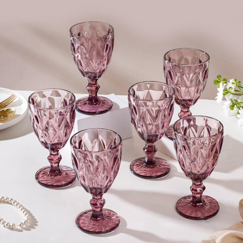 Nestasia Rose Crystal Red Wine Glass Set of 6 | Vintage Geomentric-Patterned Stemmed Glasses | Mauve, 300ml each