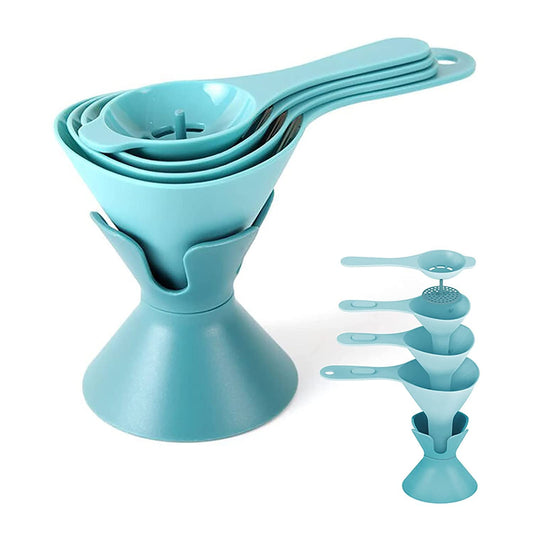 NILKANTH Kitchen Funnel Set of 6, Funnels for Filling Bottles, Oil Funnel, with Handle, Holder and Removable Strainer, Suitable for All Kinds of Solid Food, Liquid, Powder (Blue)