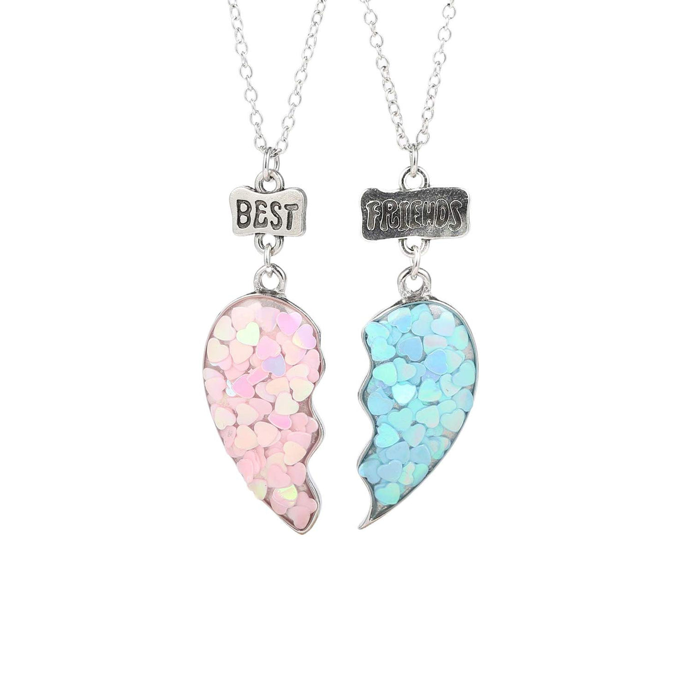 Zibuyu® Best Friends Pendant Silver Alloy Resin Half Heart Necklace Set for Best Friends BFF Friendship Jewelry for Girls Charm Gift for Girls and Sisters (Pink & Blue) - 2 Pcs