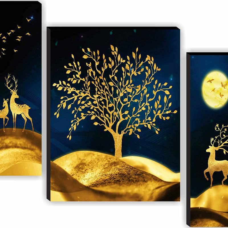 SAF paintings Set of 3 Deer with Tree Modern Art UV Textured Home Decorative Gift Item Self Adeshive Painting 18 Inch X 12 Inch SANFJM31009