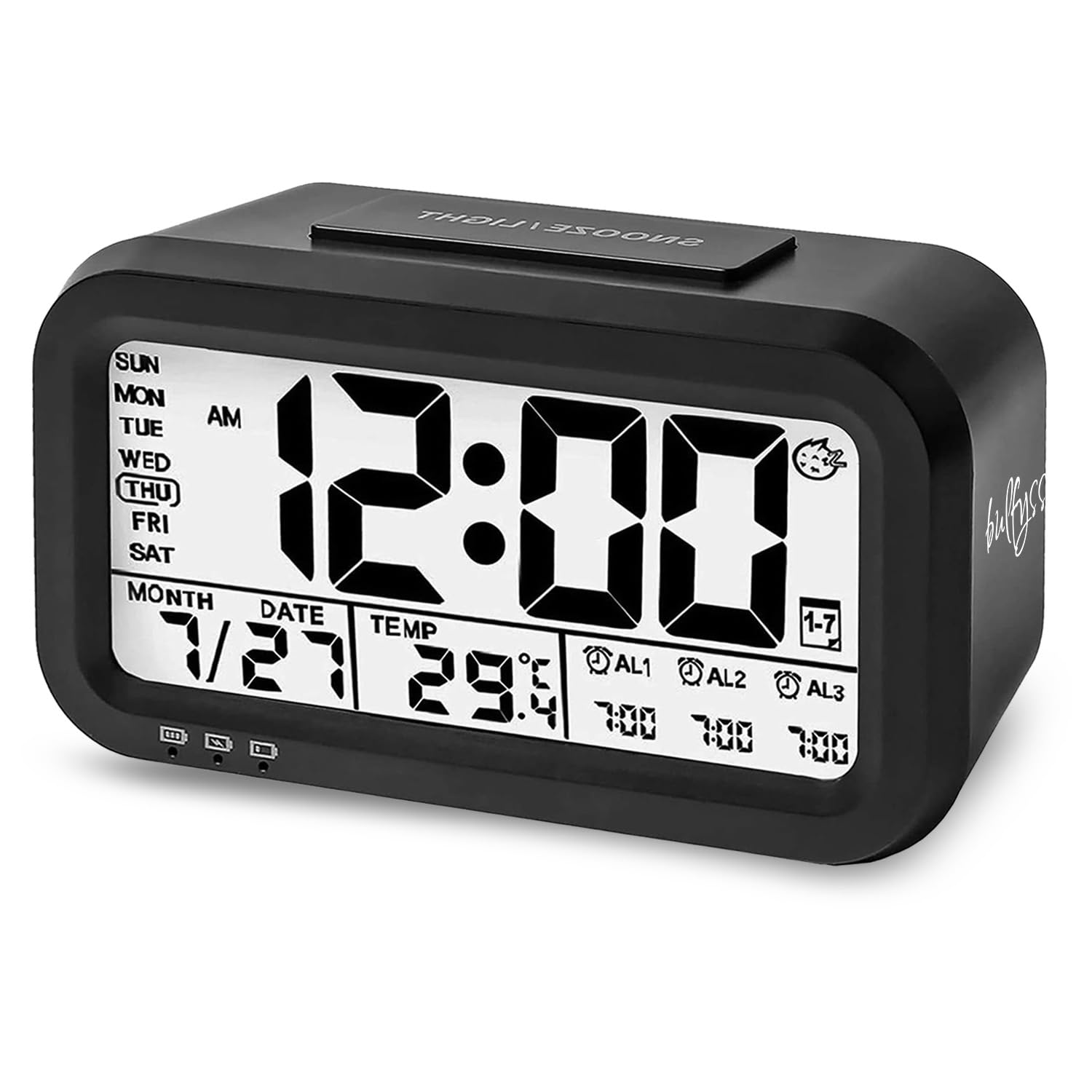 Bulfyss USB Rechargeable Digital Alarm Clock Battery Operated with Date,Indoor Temperature,Smart Night Light,LCD Electronic Clock for Bedroom, Home, Office | 3 Modes of Alarm (Black)