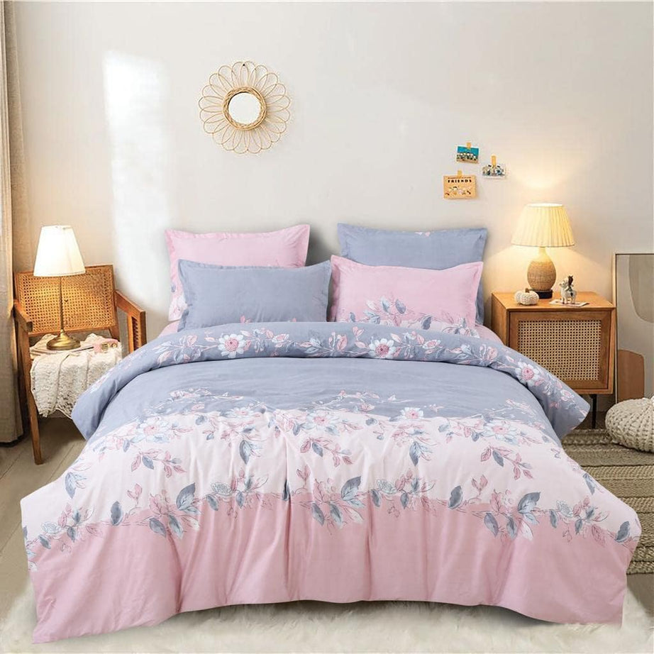 Decomizer Super Soft Glace Cotton King Size Ac Comforter/Blanket/Duvet For Double Bed With 1 Flat Bedsheet And 2 Large Pillow Covers - 4 Piece Comforter Set - Pink Grey Patta - 300 Tc