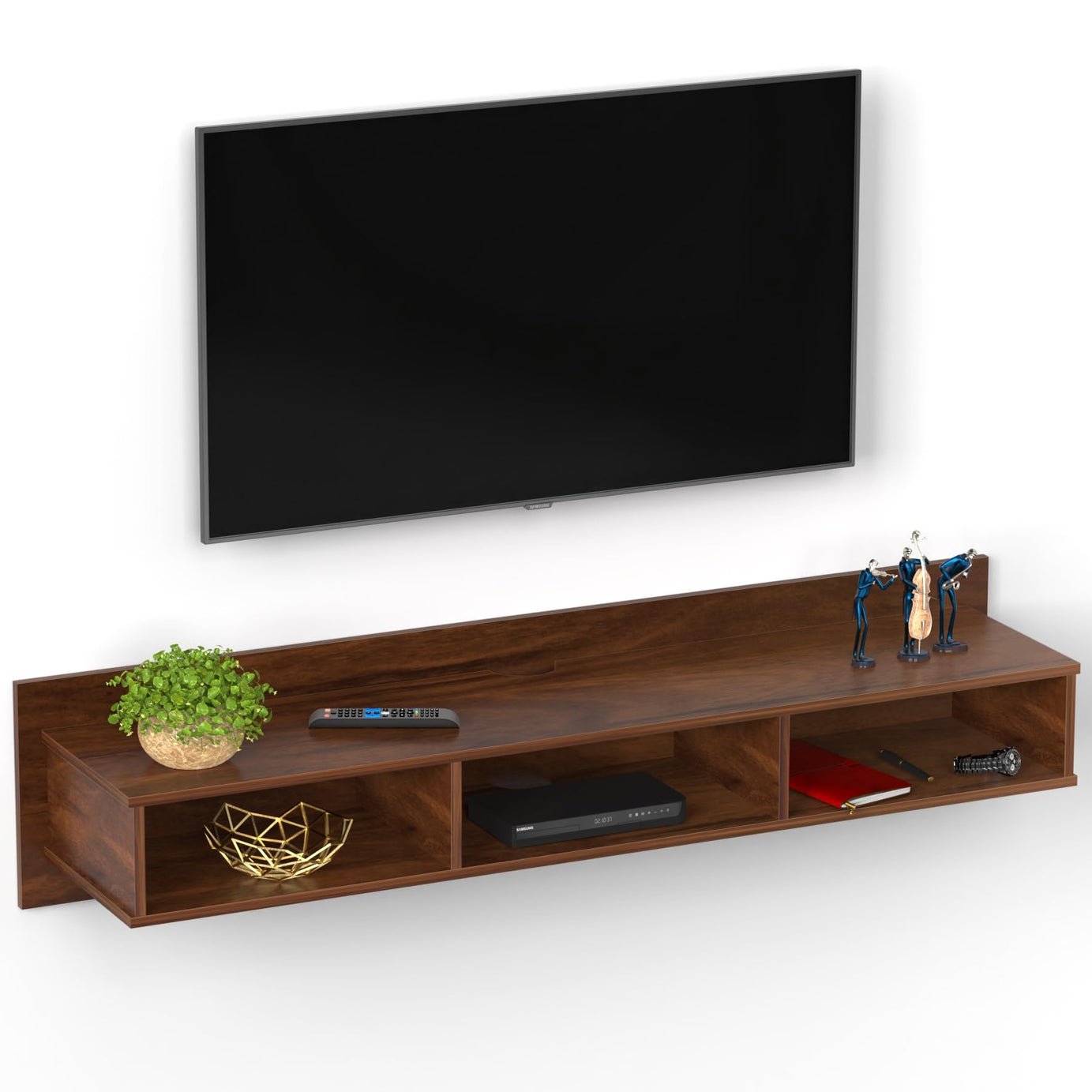 BLUEWUD Coober Engineering Wood Wall Mount TV Entertainment Unit Set Top Box Stand/TV Cabinet with Shelves for Books & Décor Display Unit Large Upto 50 Inches (Brown Maple)