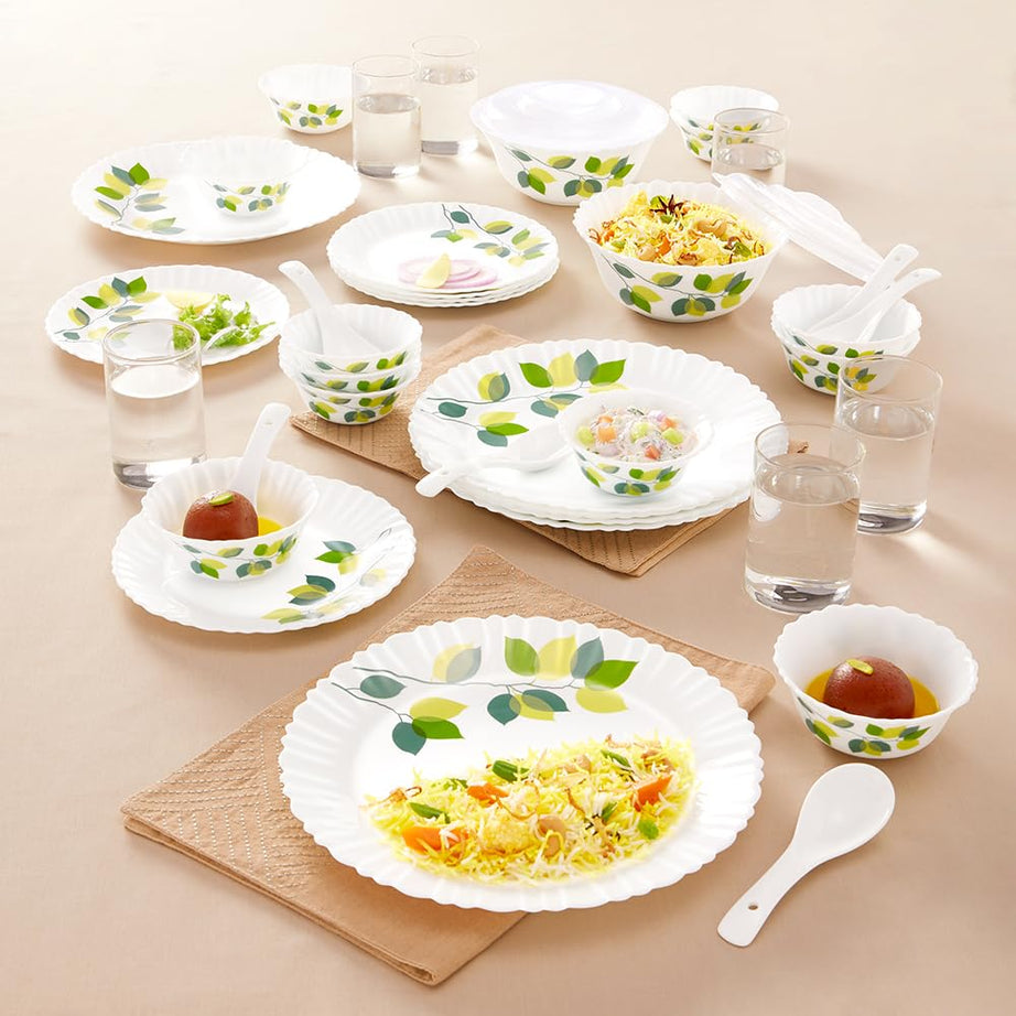 Larah By Borosil Green Leaves Silk Series Opalware Dinner Set With Glasses, 40 Pcs For Family of 6, Microwave & Dishwasher Safe, Bone-Ash Free, Crockery Set For Dining & Gifting, Plates & Bowls, White