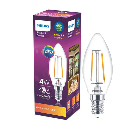 PHILIPS 4-watt Filament Candle LED Bulb | Filament Candle Bulb Home & Decoration|Bulb Base: E14, Color: Warm White|Pack of 1