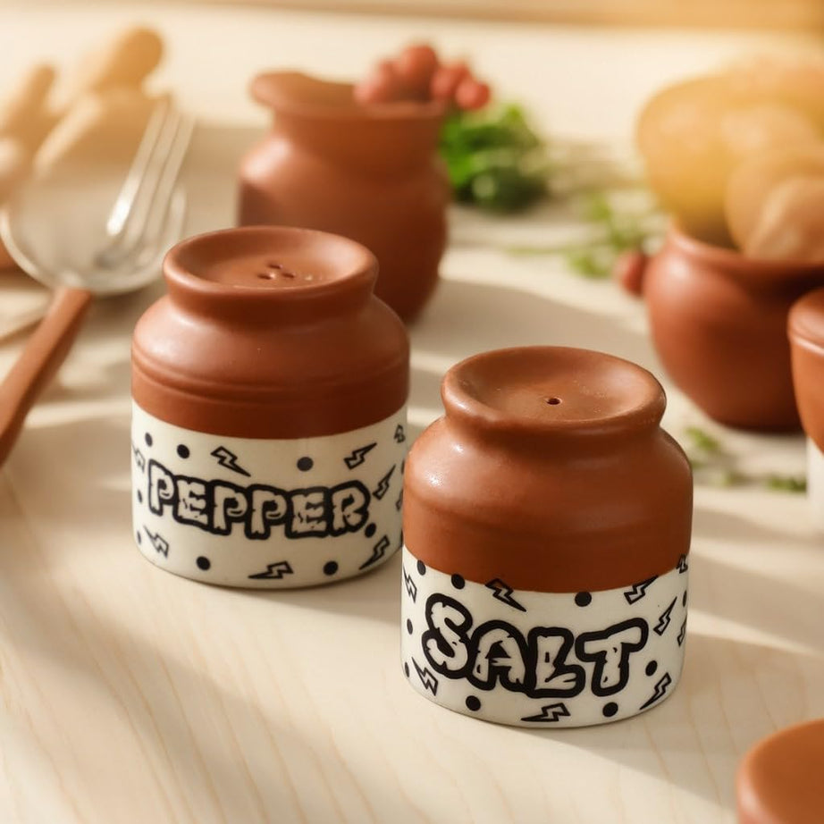 The Decor Mantra Salt Pepper Set for Dining Table & Kitchen Ceramic Salt and Pepper Shakers Set Dispenser Set Suitable for Home | Cafe | Dining Table | Kitchen (60 ML) (Brown & White)