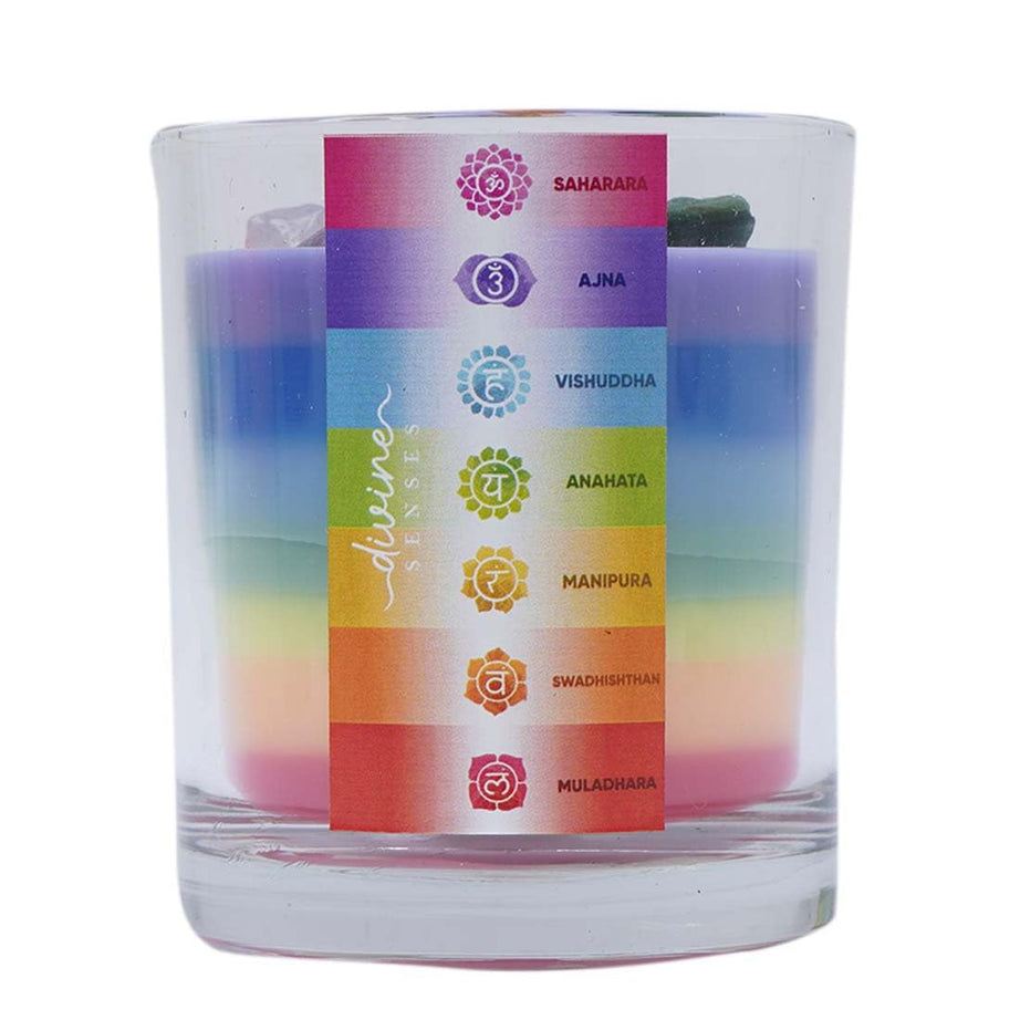 Divine Senses Seven Chakras Layered Candle with Healing Quartz Crystal Made in Full Moon | 7 Chakras from Crown to Root | Manifestation | Aromatherapy | Perfect for Positive Energy