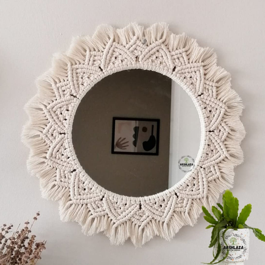 ARSHLAZA Macrame Hanging Wall Mirror with Macrame Round Mirror Art Boho Decor [M4FOOL] Framed, off-white