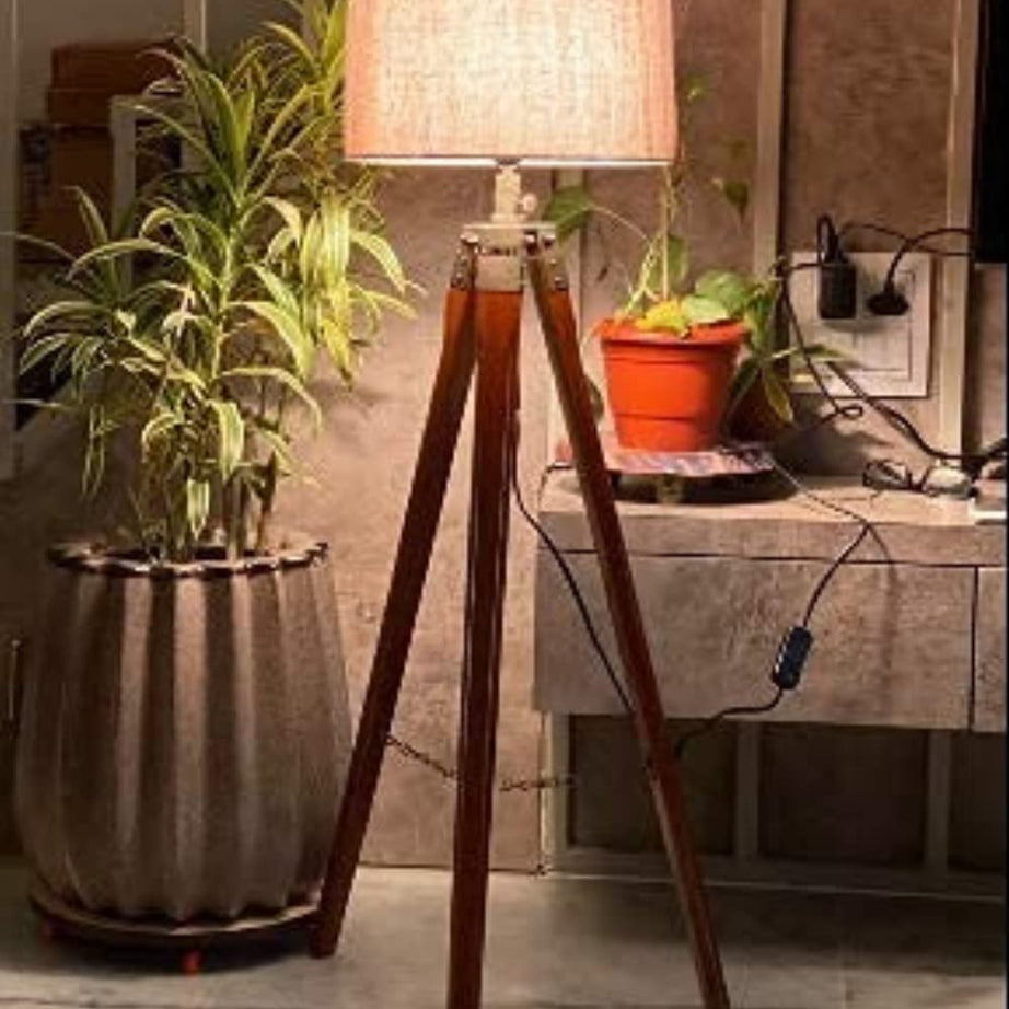 KXWY Tripod Floor Lamp | Antique Designed Jute Fabric With Khadi Shade Decorative Wooden Crafter Standing LED Floor Lamp For Living Room, Bed Room And Office, Standard