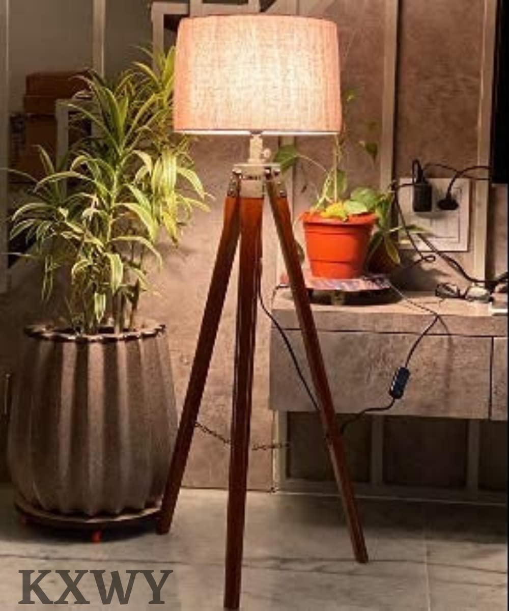 KXWY Tripod Floor Lamp | Antique Designed Jute Fabric With Khadi Shade Decorative Wooden Crafter Standing LED Floor Lamp For Living Room, Bed Room And Office, Standard