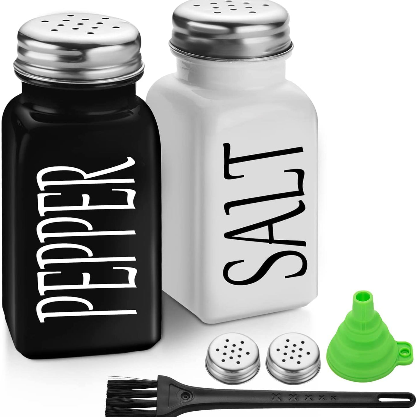 KITOME Salt & Pepper Shaker Set with Stainless Steel Lid and Cleaning Brush for Kitchen. (Black & White)