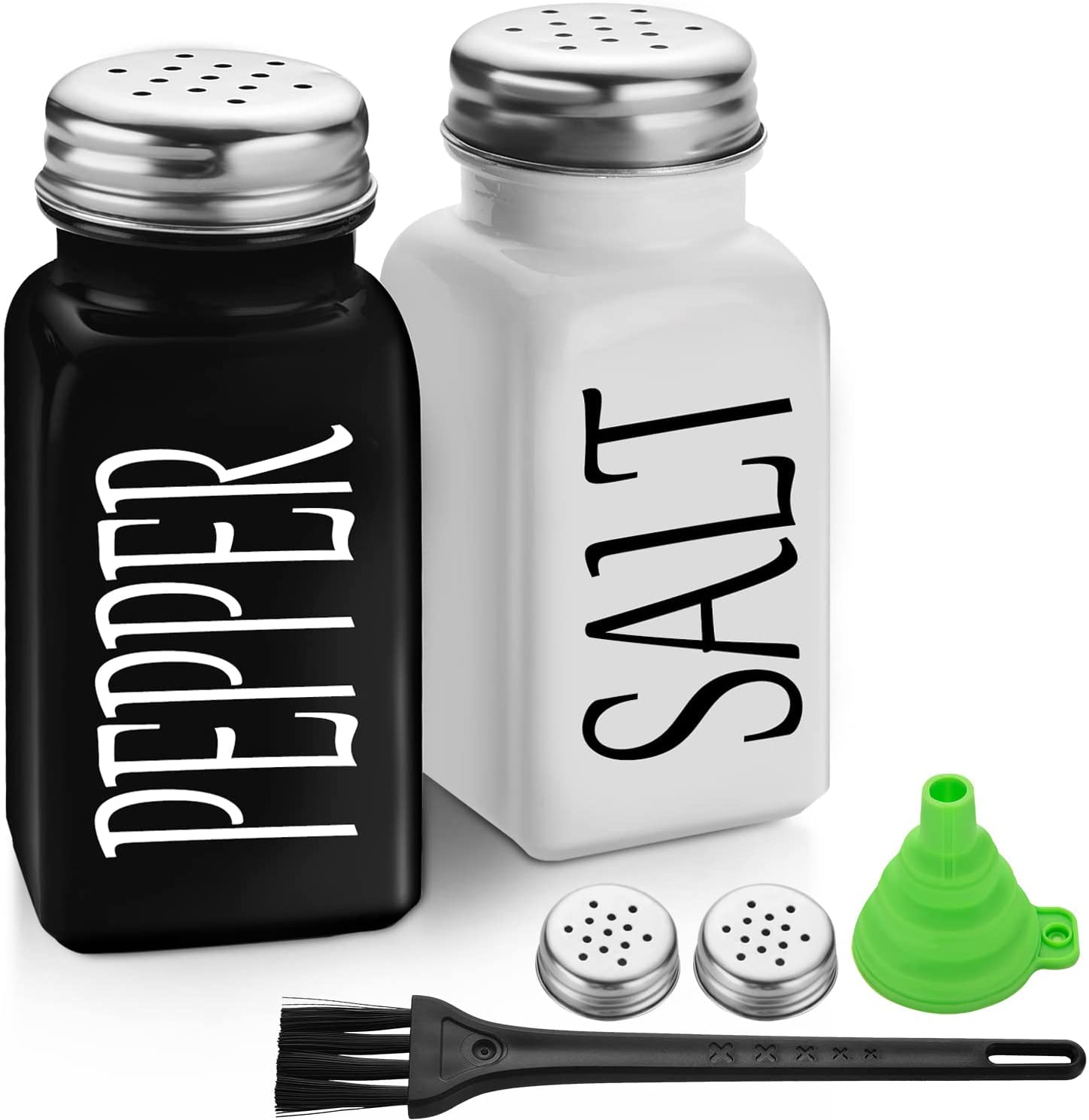 KITOME Salt & Pepper Shaker Set with Stainless Steel Lid and Cleaning Brush for Kitchen. (Black & White)