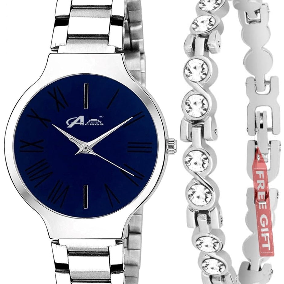 Acnos Premium Stainless Steel Casual Analogue Women's Watch (Blue Dial Silver Colored Strap)