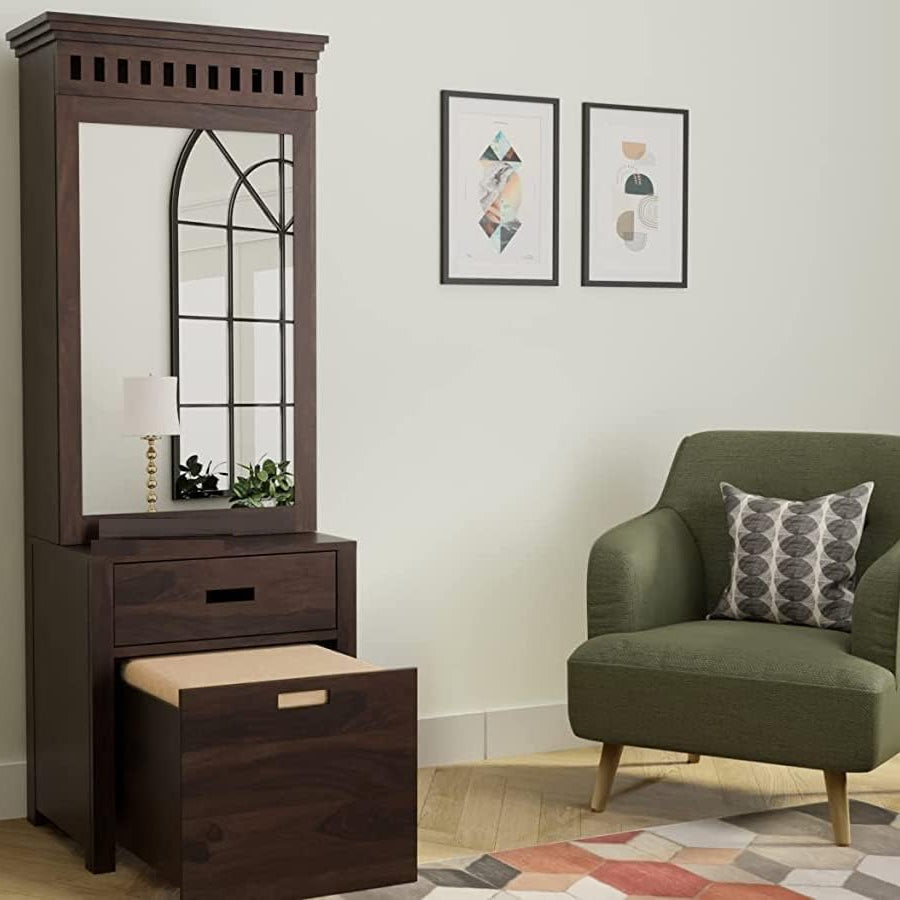 Wood Dressing Table with Mirror and Storage, Dressing Table Bedroom Furniture, Dressing with Drawer and Shelve, Makeup Vanity Dressing Table,Wooden Dressing Table,Walnut Finish