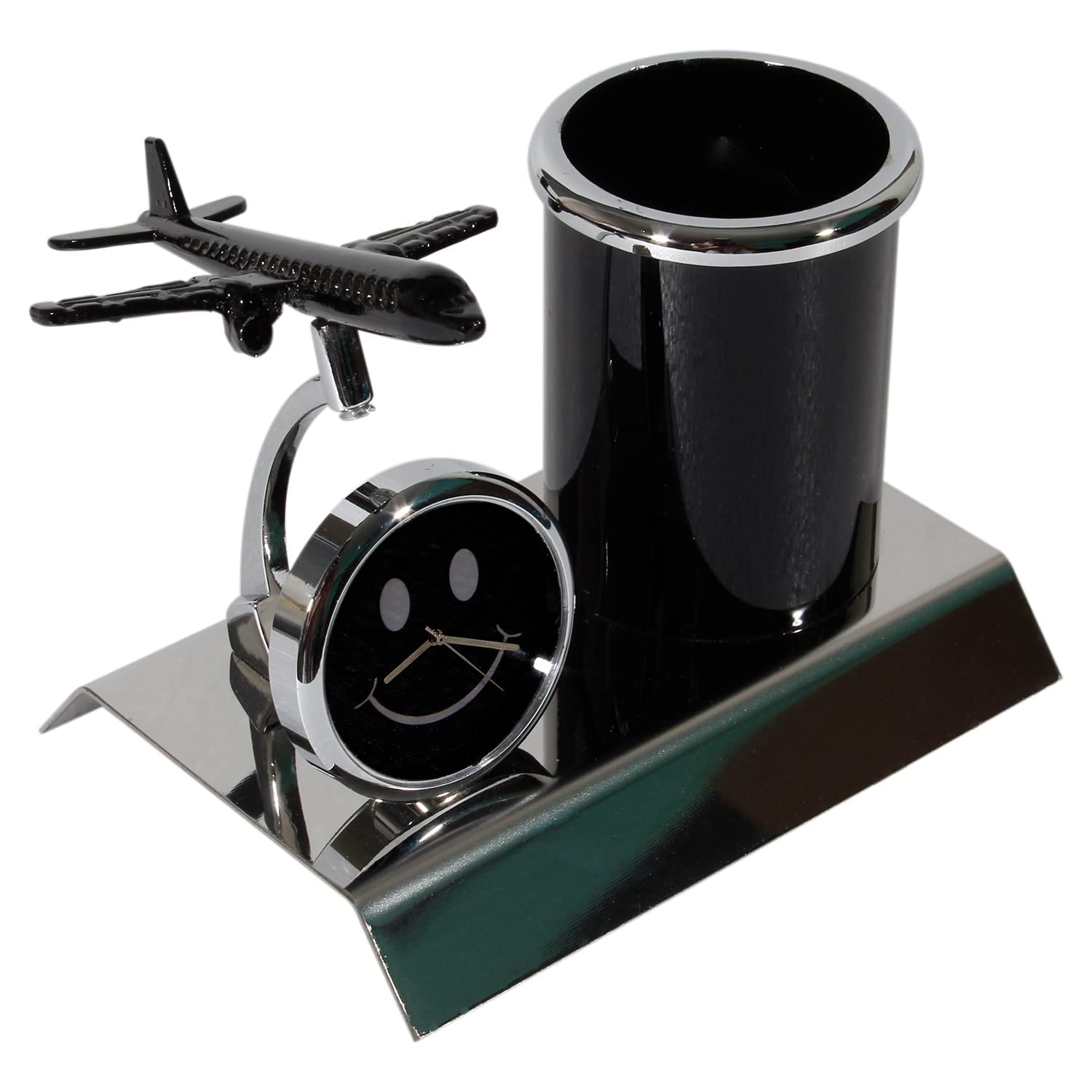 ZAHEPA Aeroplane Miniature Metal Pen Stand With Clock, Stylish Desk Organizer, Pencil Holder, Elegant Corporate Gift Set, Durable Decorative Showpiece for Office, Doctors, Lawyers (Black)