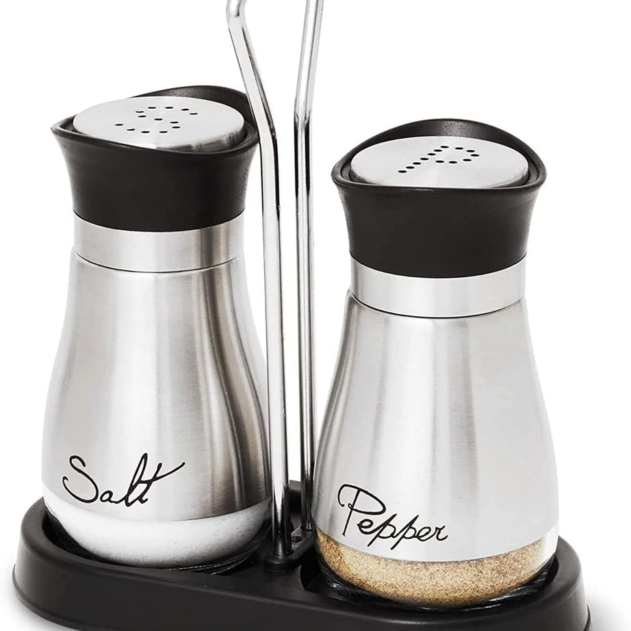 KITOME Salt and Pepper Shakers Set, Stainless Steel with Glass Bottom and Holder.