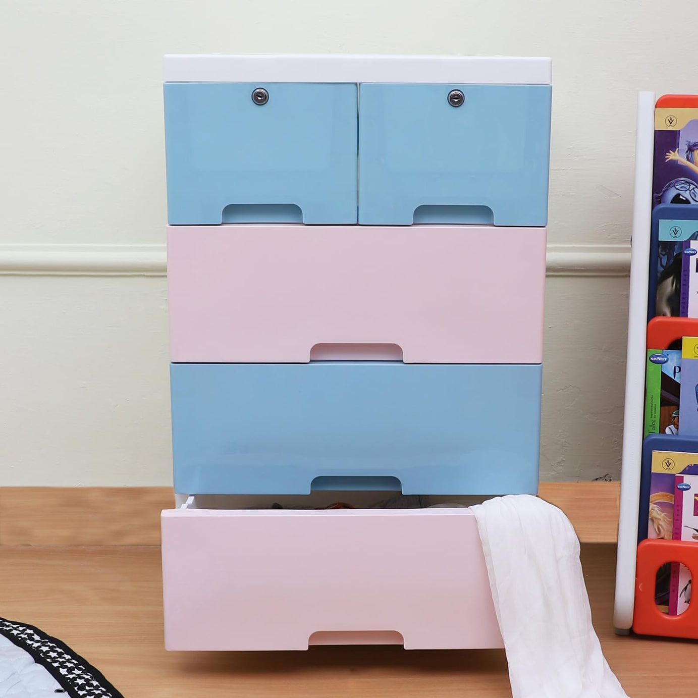 The Tickle Toe Child Safe Chest of Drawer| Storage Solution| Kids Organizer| Portable, Secure, Proudly Made in India,51L x 33W x 82H cm (Blue & Pink)