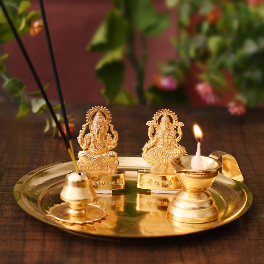 Collectible India Metal Laxmi Ganesh Idol Showpiece, Traditional Diya Oil Puja Lamp, Agarbatti Incense Stick Holders Pooja Thali Set (Golden)