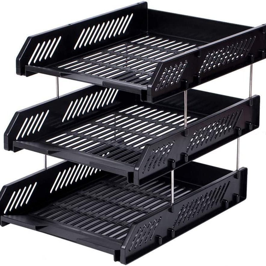 DTWOC File Tray Rack ABS Plastics | Foldable Office Desk Accessories | Durable & Sturdy | Easy Assembly | Efficient Organizer | Plastic Office Stationery Files Layer Rack -3LAYER(BLACK)