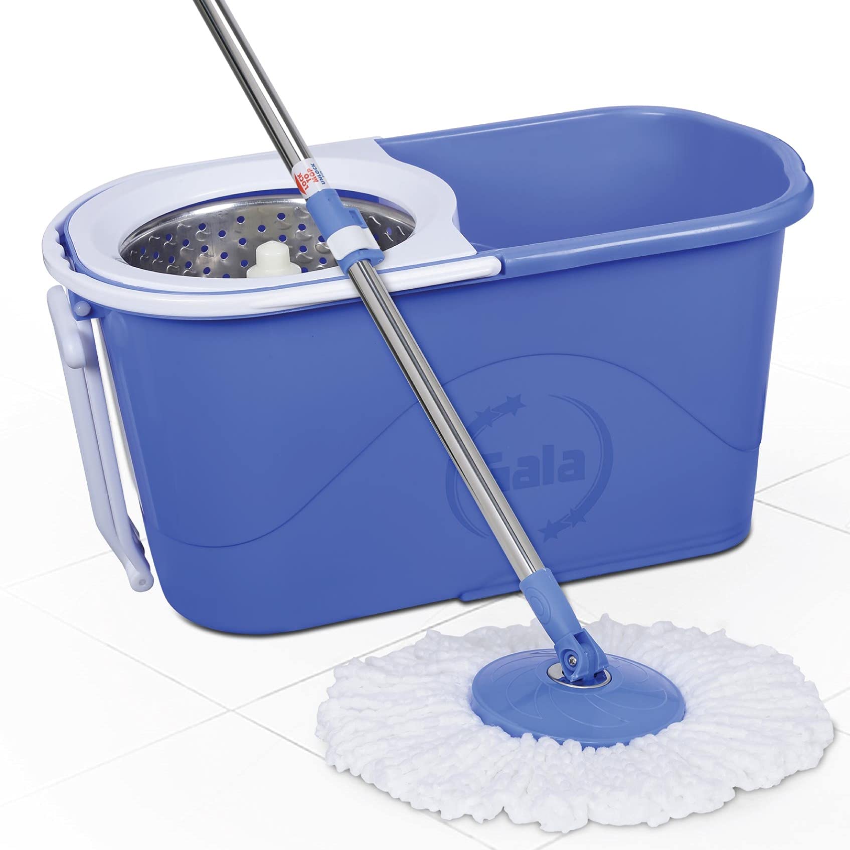 Gala e-Quick Spin Mop Stainless Steel, Easy Wheels & Big Bucket with 2 Microfiber Refills, Floor Cleaning Mop with Bucket, pocha for Floor Cleaning, Mopping Set (White and Blue)