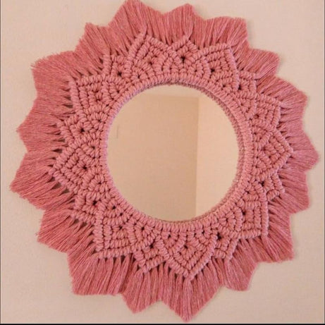 GUL DECOR | Handmade Cotton Macrame Wall Hanging Mirror with Boho Fringes, Bohemian Art Decorative Aina for Make-Up, Dressing, Living Room, Bedroom, Off-White, Dia 18 Inches, Style 48