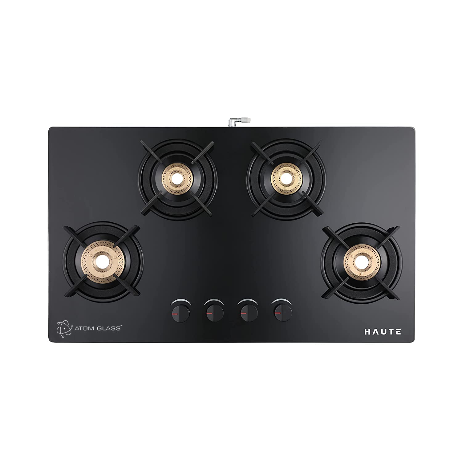 Haute Evoque Series 2.0 x SABAF Just Black 4 Burner Manual Ignition Glass Gas Stove |8mm Atom Glass | 1 Jumbo, 1 Medium, 2 small Brass Top l (2 Year warranty, Door Step service)