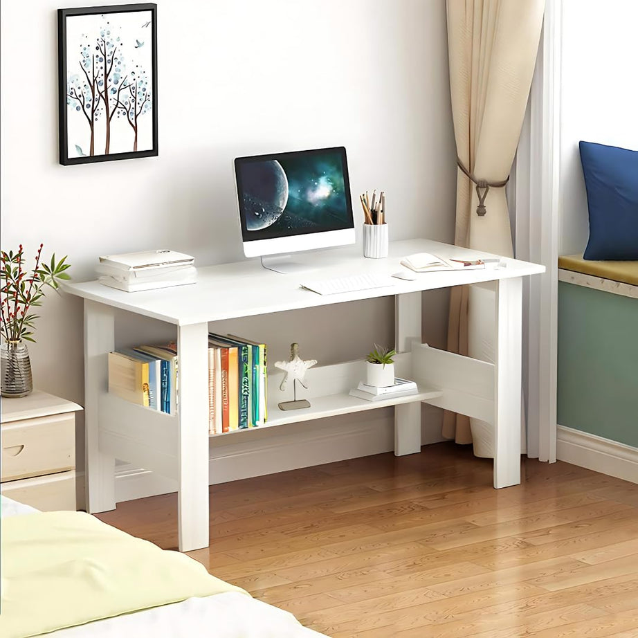 MATTERHORN Engineered Wood office Table, work from home Table with Shelf for Storage (DIY, 900 x 500 x 800 cm, MOOT-10001) (White)