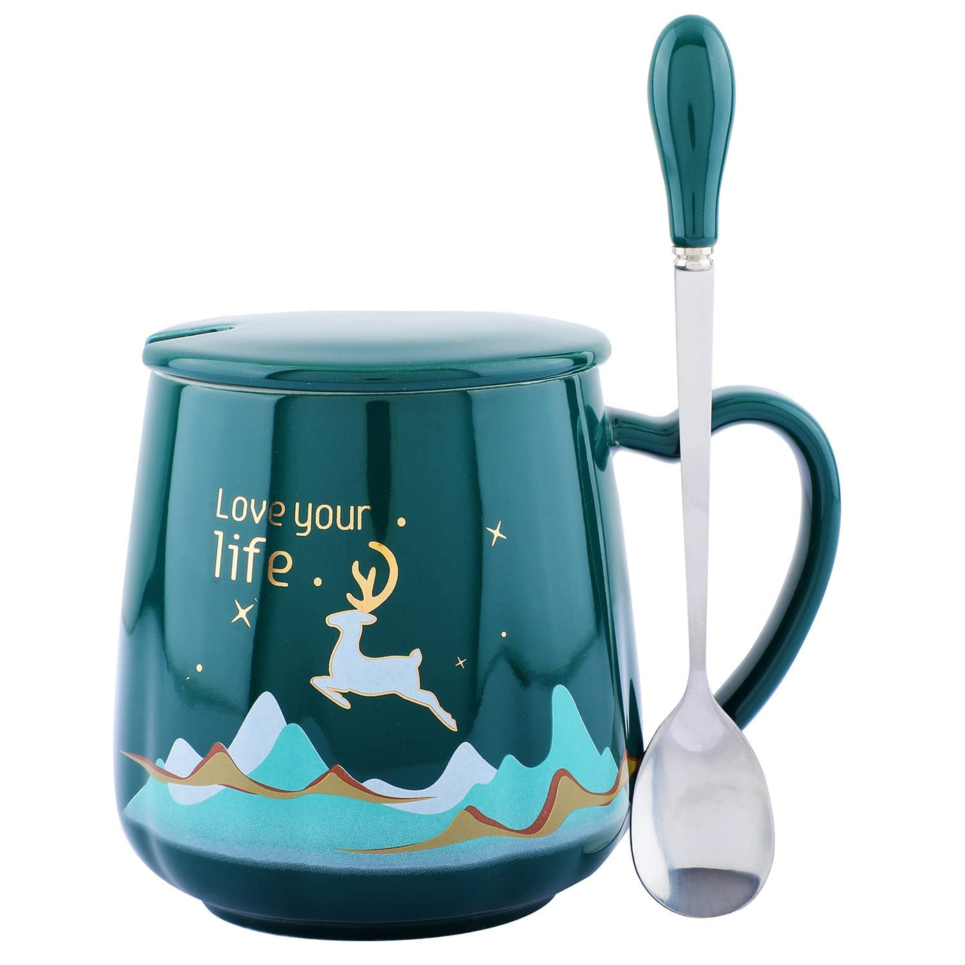 NYRWANA Love Your Life Coffee Mug, Mugs for Coffee, Birthday Gift, Coffee Mug with Lid, Coffee Mugs, Tea Mug, Cups and Mugs, Ceramic Coffee Mug, Cute Coffee Mug, Tea Mugs with Spoon (420ml - Green)