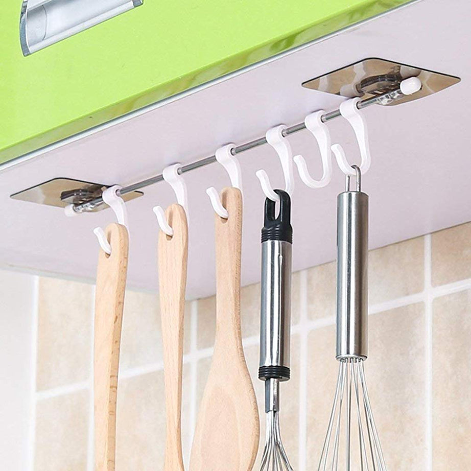 GREEYA Self Adhesive Stainless Steel Rod with 6 Hooks Wall Mounted Kitchen Utensil Hanging Rack Holder | Bathroom Towel Hanger (Steel Rail Hook)