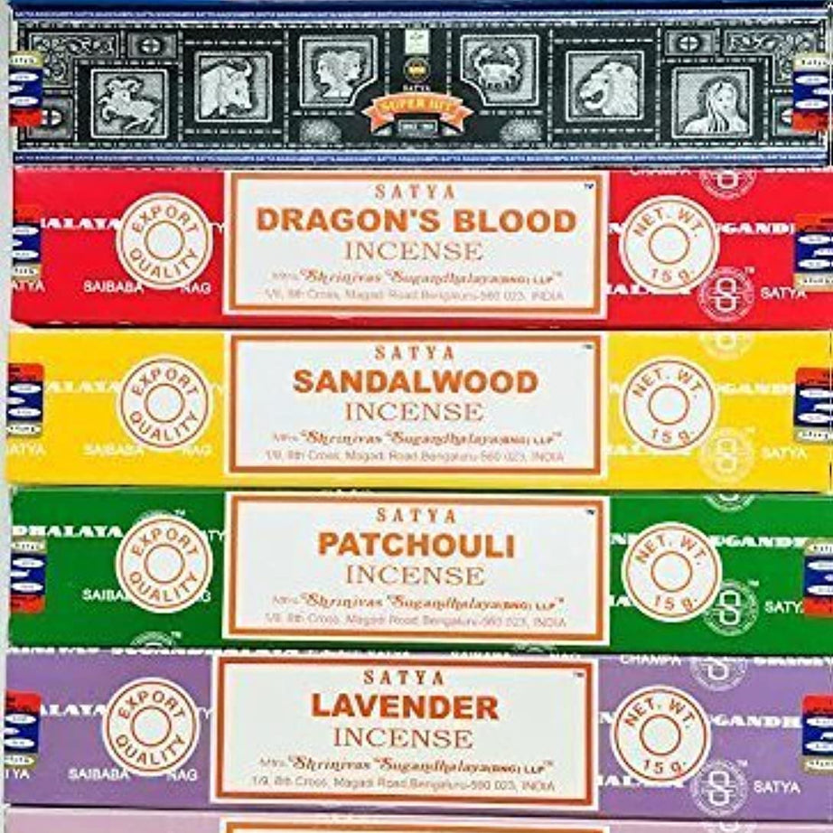 Satya Incense Gift Set Nag Champa, Super hit, Dragon's Blood, Sandalwood, Patchouli, Lavender, Positive Vibes, 15 g