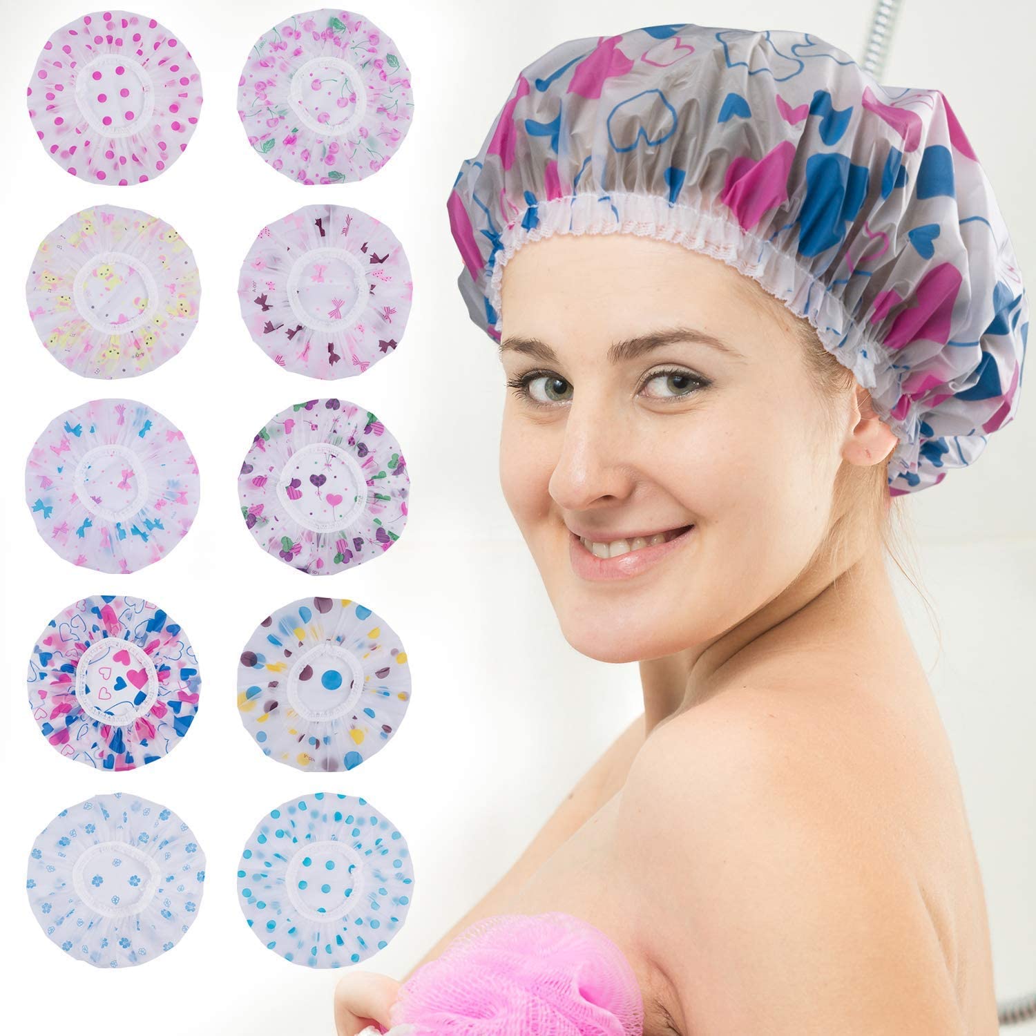 Sezotta Shower Cap for Women, Reusable Waterproof Elastic Eva Free-Size Bathroom Shower Caps - For Homes, Spas, Salons, Hair Treatment, Beauty Parlors (multicolored and print,PACK OF 6)