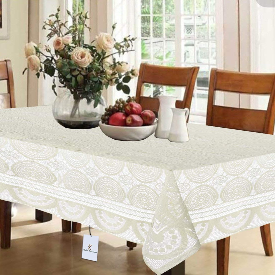 Kuber Industries Dining Table Cover 6 Seater|Table Cloth|Table Cover for Home, Restaurant|Cotton Dining Table Cover for 6 Seater (Cream)(Rectangular, pack of 1)