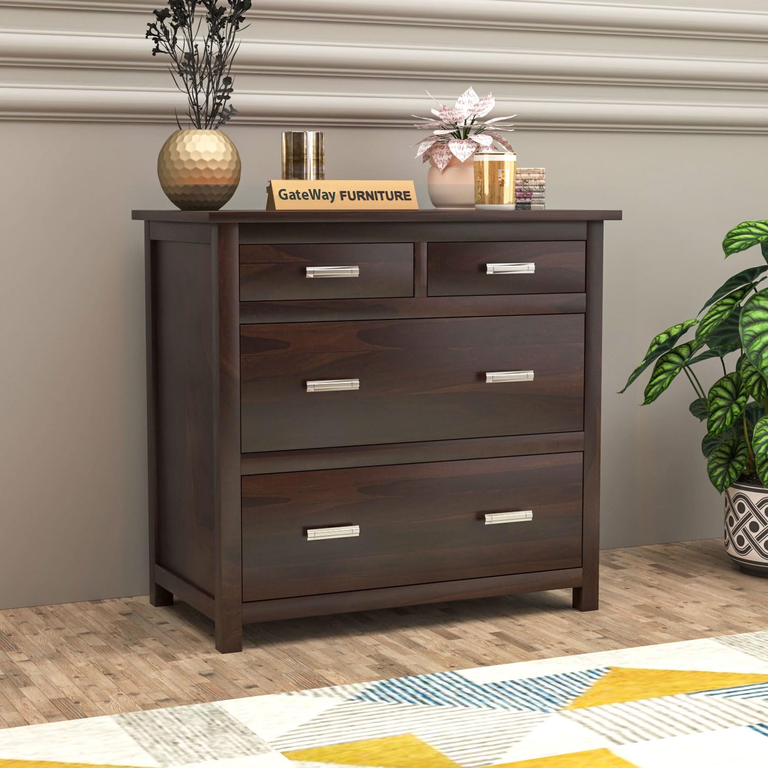 GateWay Furniture Solid Sheesham Wood Chest of Drawers with 4-Drawer Storage (Kayden, Walnut Finish)