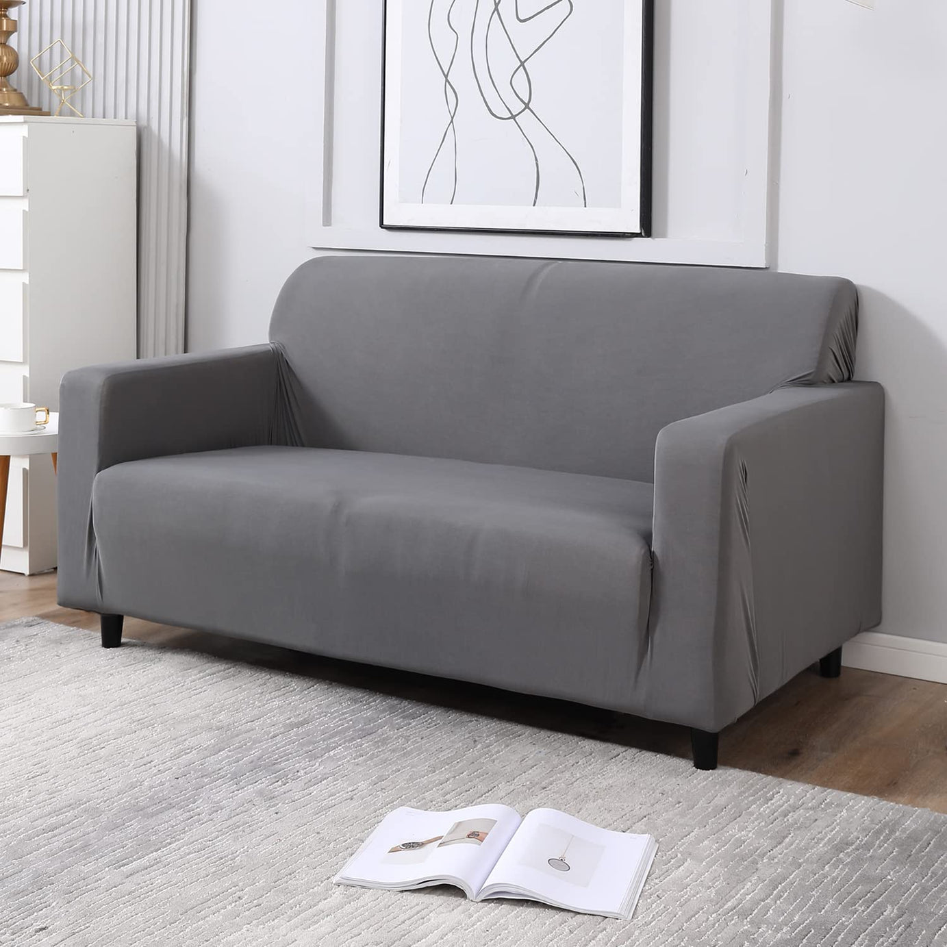 HOKIPO Elastic Stretchable Double Seater Sofa Cover, Light Grey (NEW-4278-E1)