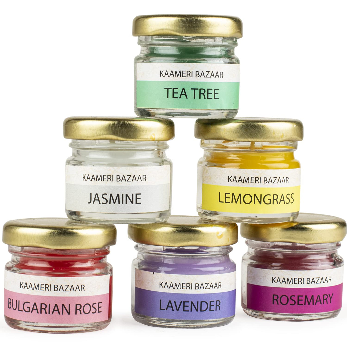 Kaameri Bazaar Scented Candles - Tea Tree, Jasmine, Lemongrass, Rose, Lavender, Rosemary Set of 6 Jar Candle - Gift for Brother Sister, Wax