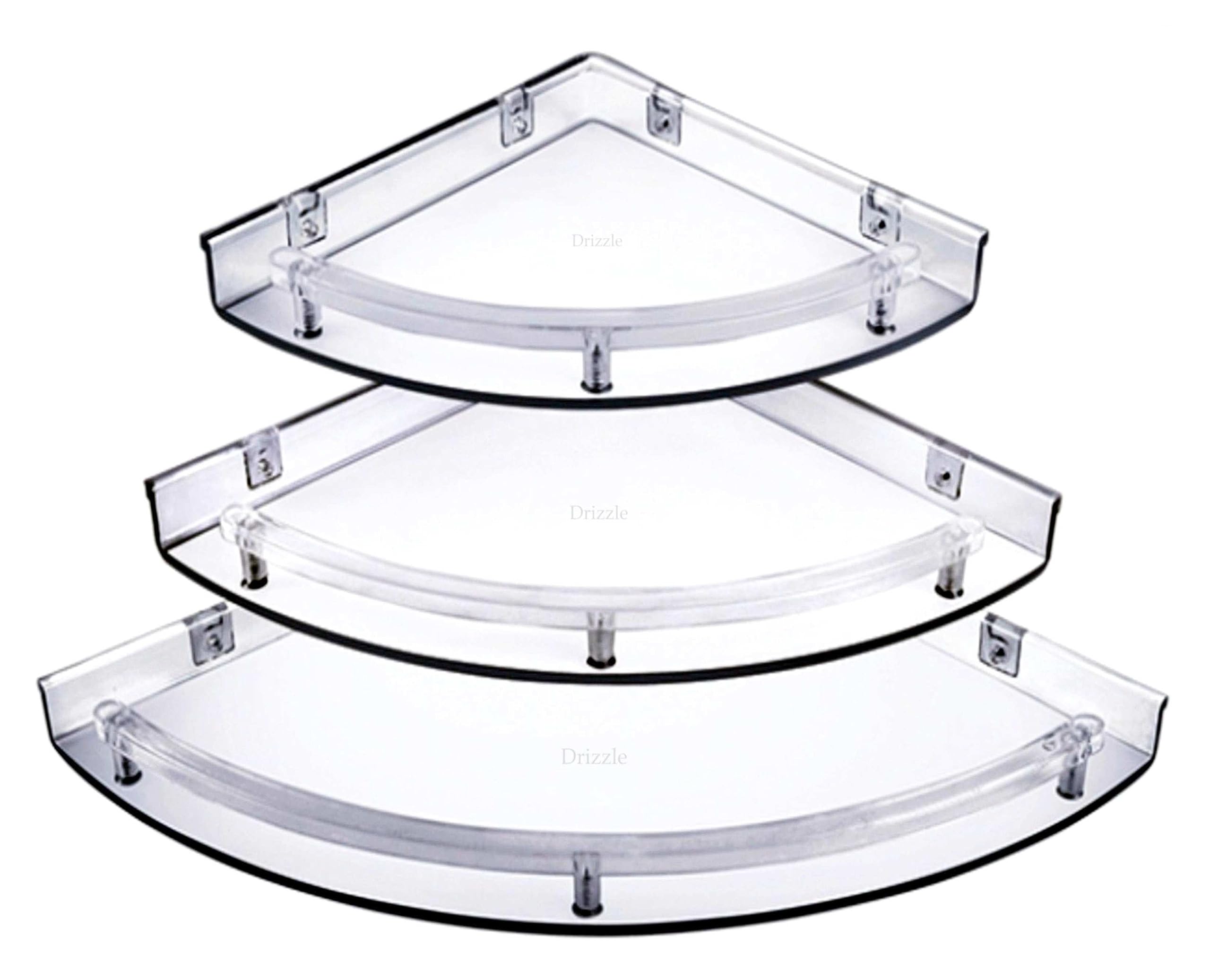 DRIZZLE Corner Shelf Super Clear | Unbreakable Transparent Bathroom Shelves | Multipurpose Use (Size 7 inch, 9 inch, 11 inch) - Set of 1 (3 Pieces)