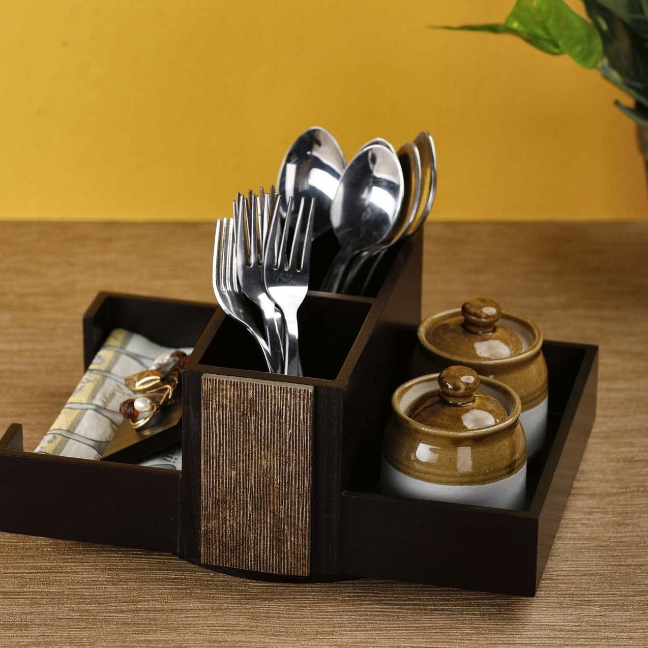 COCKTAIL Designer Wooden MDF Achaar Dining Organizer Multiuse Cutlery Holder Napkin Stand Tissue Slot Compact Rotating Spoon Fork Stand-Brown/Gold (Revolving Aachar Organizer)