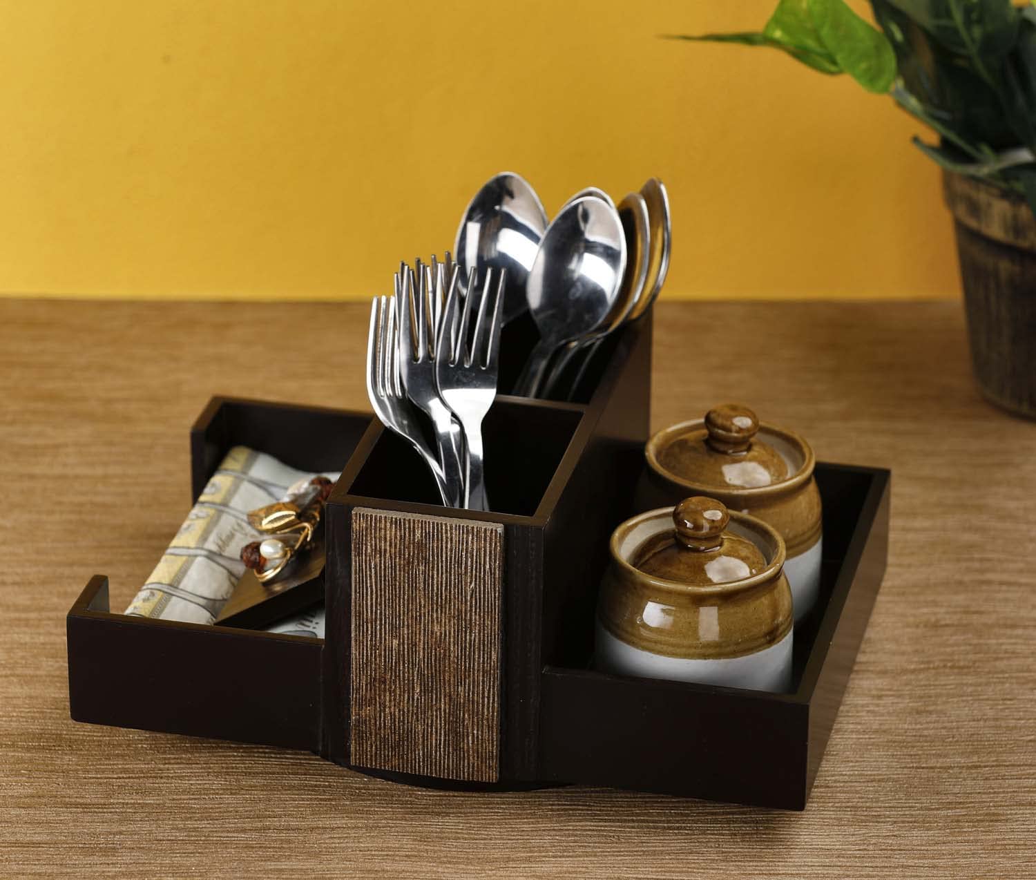 COCKTAIL Designer Wooden MDF Achaar Dining Organizer Multiuse Cutlery Holder Napkin Stand Tissue Slot Compact Rotating Spoon Fork Stand-Brown/Gold (Revolving Aachar Organizer)