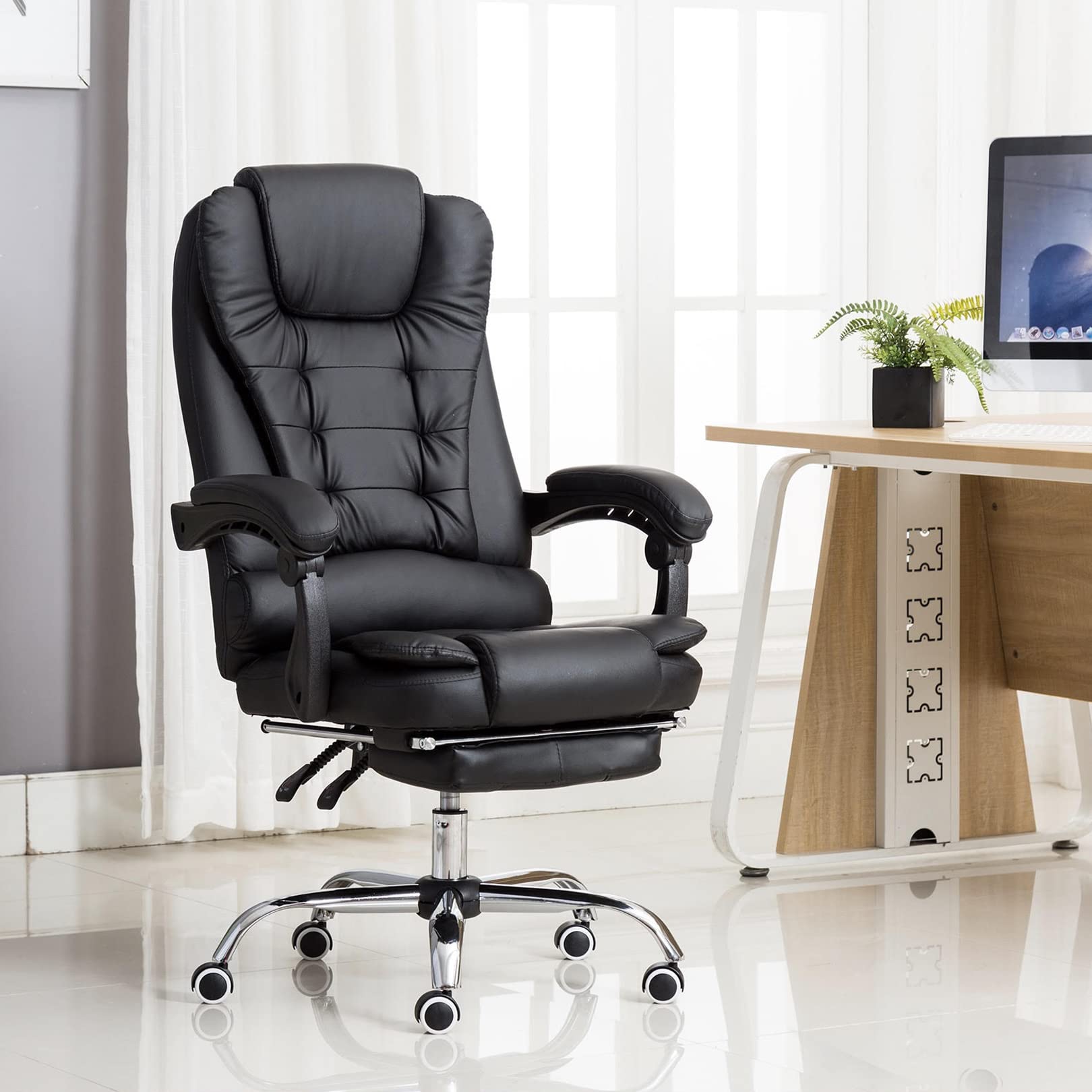 Kepler Brooks Office Chair | 3 Years Warranty | Office Chairs for Work from Home, Chair for Office Work at Home, Ergonomic Chair, Padded Arms & Leg Rest, Wooden Frame (Italia Premium, Black)