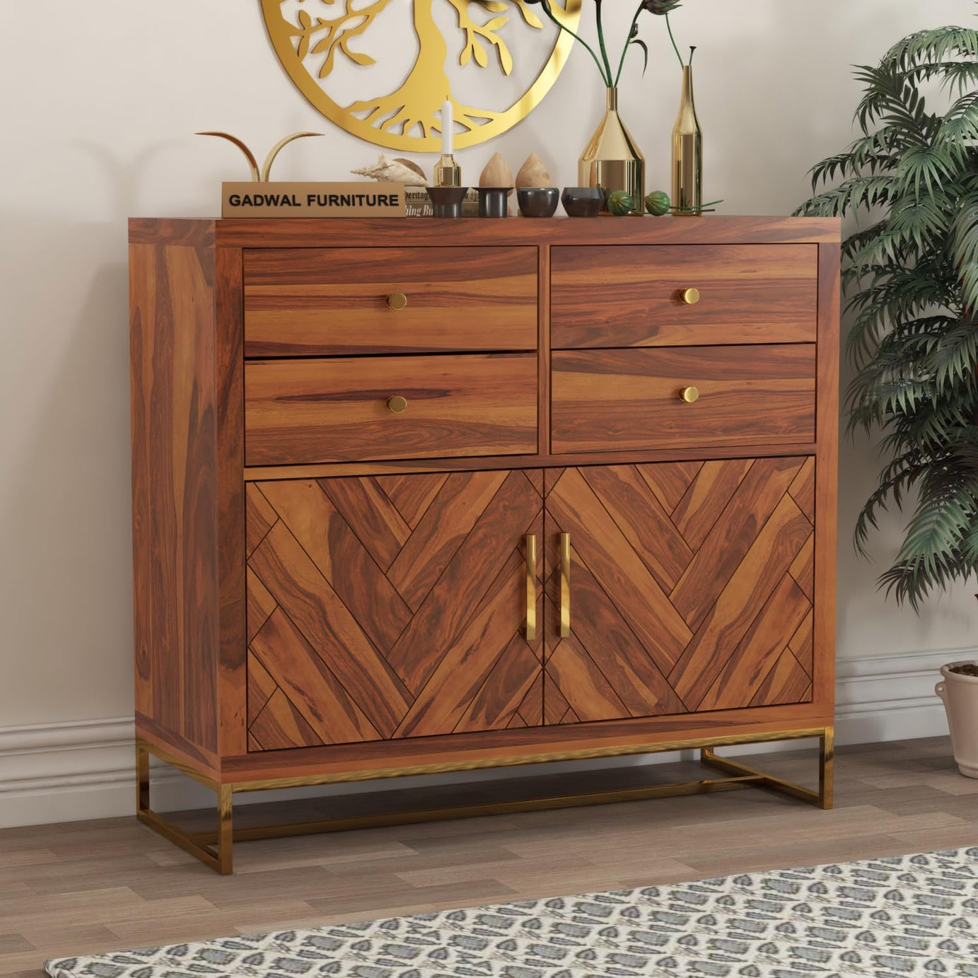 GADWAL FURNITURE Solid Sheesham Wood Wooden Cabinet Chest of Drawers Sideboard with 4 Drawers and 2-Door Storage (Honey)