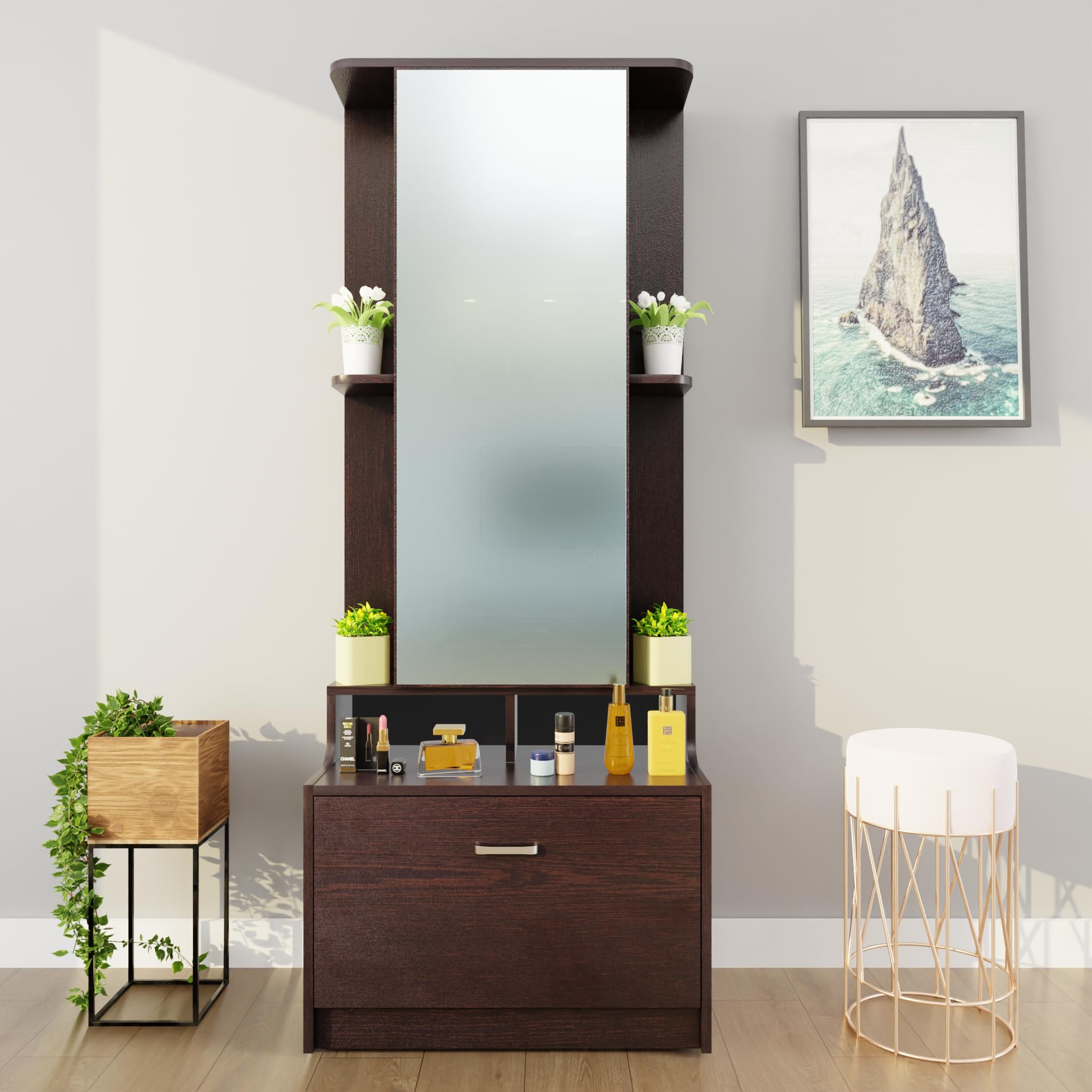 VIKI Engineered Wood|Dressing Table With Mirror Drawer&Door,Dressing Table Organizer&Storage,Vanity Cabinet,Bedroom,Makeup Cabinet,180Cms(H)*70Cms(W)*40Cms(D)|1 Year Warranty|Dark Wenge