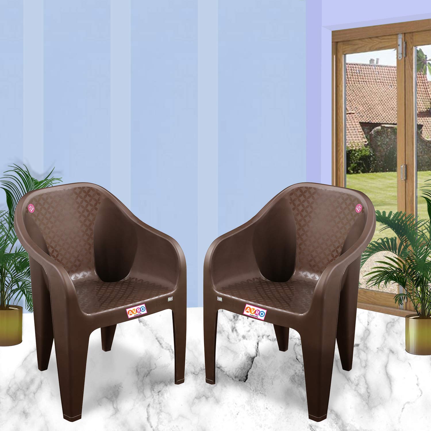 AVRO FURNITURE Set Of 2 Plastic Chairs | Matt And Gloss Pattern | Plastic Chairs For Home, Living Room| Bearing Capacity Up To 200Kg | Strong And Sturdy Structure | 1 Year Guarantee, Brown