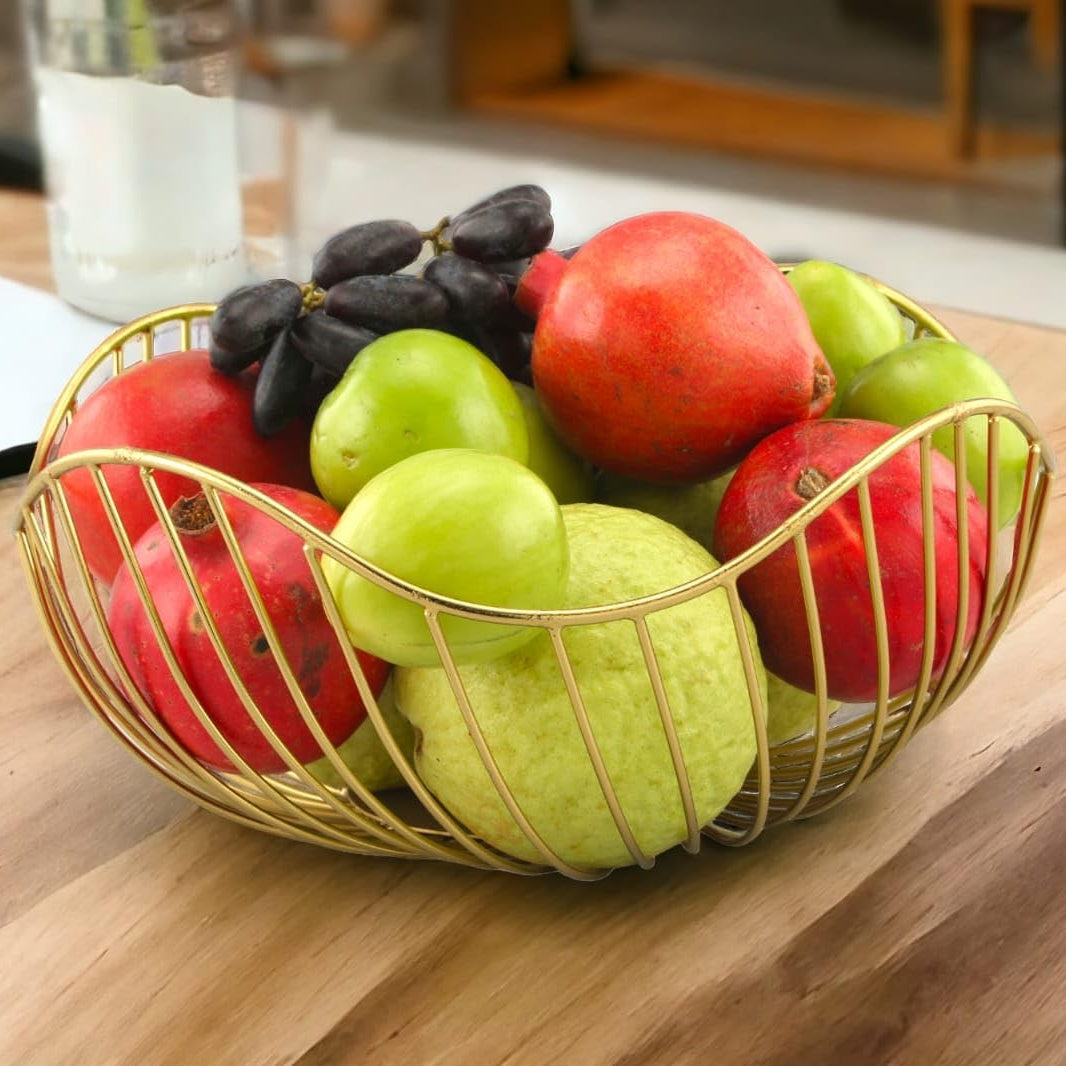 Rust & Shine Designer Iron Fruit Basket - Gold Finish | Durable and Elegant Storage Solution for Kitchen & Dining Table | Countertop Vegetable & Fruit Holder | Aesthetic Dining Decor - Pack Of 1